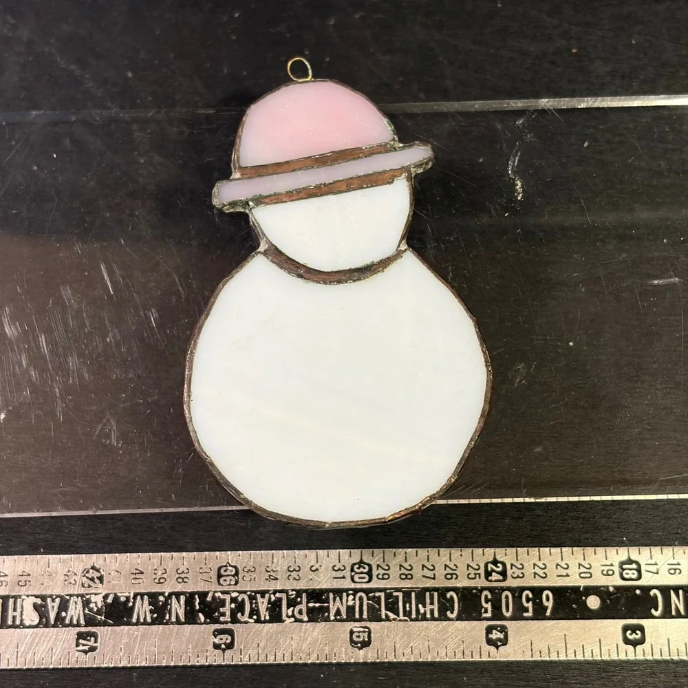 Vintage Stained Glass Snowman Ornament Pink Slag Glass Hat Suncatcher 4 Inch